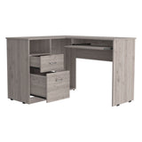 L-Shaped Desk, Keyboard Tray, Two Drawers, One Open Shelf, Light Gray B097133036