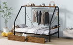 ZUN Twin Size Metal Frame Platform Bed with Clothes Rack, Storage Shelves and 2 Drawers, Black WF532440AAB