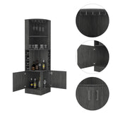 ZUN Syrah Corner Bar Cabinet, Eight Bottle Cubbies, Double Door, Two Open Shelves -Smokey Oak B20091986