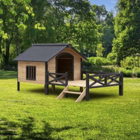 ZUN Outdoor Large Wooden Cabin House Style Wooden Dog Kennel with Porch W21951579