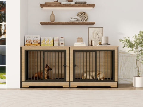 ZUN Dog Crate Furniture with Two Combined Room, XL Double Dog Cage Furniture with Tray for Medium W420P207590