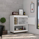 Lotus Bar Cart, Six Bottle Cubbies, One Cabinet, Four Casters, Light Oak / White B097133069