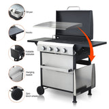 ZUN 4-Burner Propane Gas BBQ Grill, SS Plancha, 49200BTU Output With Wire Enamel Cooking Grids For W2938P208389