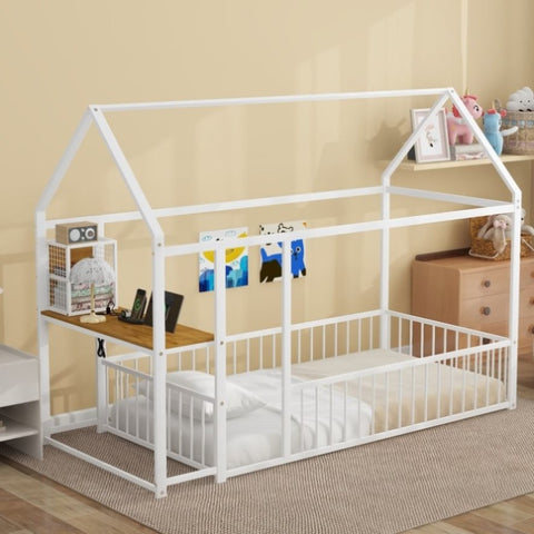 ZUN Twin Size Metal Bed House Bed Frame with Desk, Shelves, Power Outlets and USB Ports, White N737P173490K