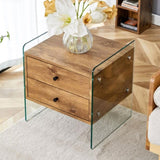 Double-drawer bedside table.The board surface is MDF with wood grain sticker, and both sides are W1512P348780