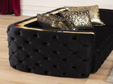 Button Tufted Loveseat with Velvet Fabric and Gold Accent in Black B00961119