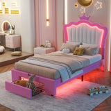 Twin Size Upholstered Bed Frame with LED Lights, Modern Upholstered Princess Bed with Crown W2770P190376