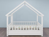 Full Size Floor Wooden Bed with House Roof Frame, Fence Guardrails,White W1858123986