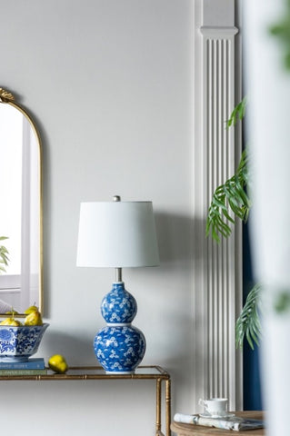 D13x25.7" Blue and White Round Two-Tiered Ceramic Vase Lamp W2078P324061