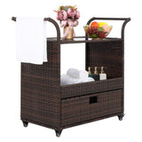 ZUN Outdoor Patio Wicker Rattan Serving Bar Cart Sideboard On Wheels Brown Gradient 72384423