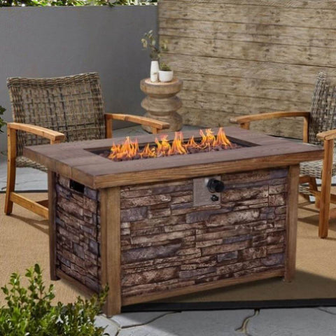 ZUN Best Choice Product 50,000 BTU Rectangle Fire Pit Table, Faux Woodgrain Top And Faux Stone Texture W2029120115