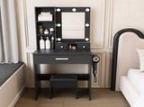 Vanity Table with Mirror & Adjustable LED Lights, Power Outlet, Hairdryer Holder & Stool Compact 54057039