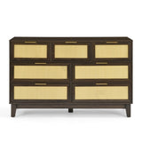 ZUN Bedroom 7 drawer dresser, rattan dresser modern wooden chest of drawers with spacious storage space W1781P183010