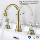 ZUN 2-Handle 8 inch Widespread Bathroom Sink Faucet Brushed Gold Lavatory Faucet 3 Hole 360&deg; Swivel 46793622