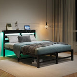 Full Size Metal Bed Frame with Wooden Headboard, RGB Lights, Outlets & Charger, Storage Shelf, W840P209906