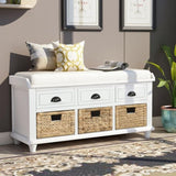 ZUN Rustic Storage Bench with 3 Drawers and 3 Rattan Baskets, Shoe Bench for Living Room, Entryway 95127961