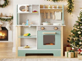 Kids Wooden Play Kitchen with 13 Accessories, Pretend Cooking Set with Chalkboard for 3, 58268723