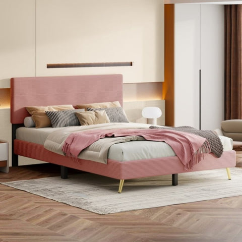 ZUN Queen Size Corduroy Upholstered Bed Frame, Platform Bed with Horizontal Stripe Headboard, No Box WF320515AAH