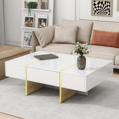 ZUN ON-TREND 47.2'' x 31.4''Minimalist High Gloss Coffee Table with 2 Drawers, Multi-Storage Rectangle N721P180693K