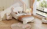 Twin XL Size Upholstered Stretchable Vaulted Sofa Bed, Bear Shaped Headboard, Beige N709P182128A