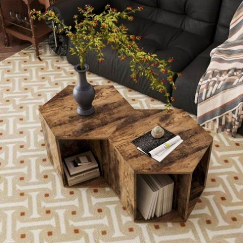 ZUN 47.24'' Hexagonal Coffee Table Side Table Nightstand Antique Wood 2PCS W757P164921