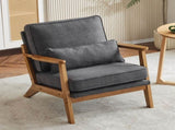 Mid-Century Oak Accent Chair - Linen-Cotton Dark Gray Upholstered Single Lounge Chair, Indoor 18928808