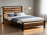 Twin Size Metal Bed Frame, 3-Panel Fire Burnt Brown Wood Grain Headboard with LED Light & Charging 06892471