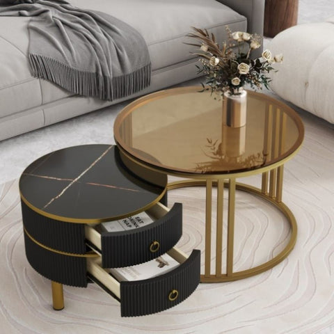 ZUN ON-TREND Φ27.5'' & Φ19.6'' Stackable Coffee Table with 2 Drawers, Nesting Tables with Brown Tempered WF320536AAB