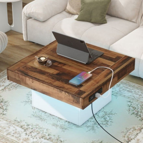 ZUN ON-TREND 31.4'' x 31.4'' Farmhouse Coffee Table with 2 USB Ports and Outlets, Brown Spliced Wood N721P189320K