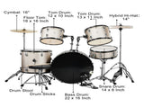 Full Size Adult Drum Set 5-Piece Silver with Bass Drum, two Tom Drum, Snare Drum, Floor Tom, 16" 94760800