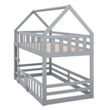 Twin over Twin House Bunk Bed with Fence and Door, Gray WF313047AAE