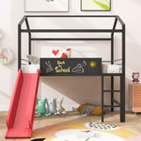 Metal House Bed With Slide, Twin Size Metal Loft Bed with Two-sided writable Wooden Board MF294384AAJ