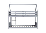 Twin Over Twin House Floor Bed with Headboards, Footboards and Guardrails, Ladder, Rubber Wood W504P227934