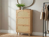 Rattan-fronted 3-tier shoe cabinet, particleboard, 54*24*135 cm, natural wood color 94233130