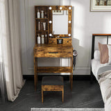 Vanity Table with Mirror & Adjustable LED Lights, Power Outlet, Hairdryer Holder & Stool Compact 18725352