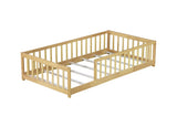 Twin Size Floor Bed with Fence without Door, Rubber Wood Floor Bed with Safety Guardrails,Natural W504P296796