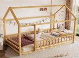 Twin Size Floor Wooden Bed with House Roof Frame, Fence Guardrails,Natural W1858P389939