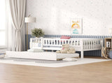 Twin Size Wood Daybed with Trundle and Fence Guardrails, White WF301862AAK