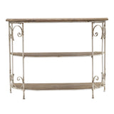 43.5x14x32" Three-Tiered White Wooden Shelving Unit with Ornate Iron Frame W2078P201140
