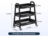 Utility Cart, Metal, 3Tier, Lockable Caster Wheels , 360&deg Rolling, Black 84442126