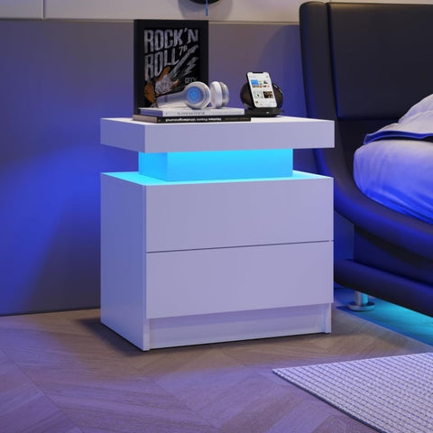 ZUN Nightstand LED Bedside Table Cabinet Lights Modern End Side with 2 Drawers for Bedroom W2178138722