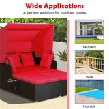 Red Rattan Daybed Lounge W/ Retractable Top Canopy Side Tables Cushions 56967008