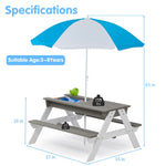 ZUN 3-in-1 Kids Outdoor Wooden Picnic Table With Umbrella, Convertible Sand & Wate, Gray ASTM & CPSIA W1390104709