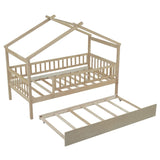 Twin Size Wooden House Bed with Twin Size Trundle, Natural WF302178AAN
