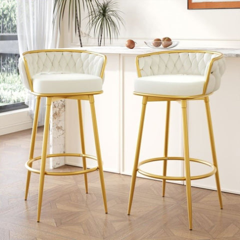 ZUN Swivel Counter Height Bar Stools Set of 2,31.5"Bar Height Stools with Hand-Woven Backrest & Gold N762P216979A