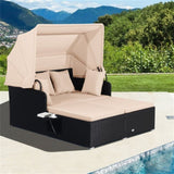 Beige Rattan Daybed Lounge W/ Retractable Top Canopy Side Tables Cushions 95150897