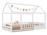 Twin Size Floor Wooden Bed with House Roof Frame, Fence Guardrails,White W1858P389938