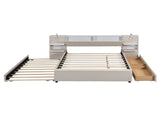 Queen Size Upholstered Platform Bed with Reading Lights, Drawers, Trundle and Shelves, Beige 57706475