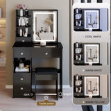 29.2" Small Size Left Drawer Desktop Vanity Table Cushioned Stool, Large Sliding, Touch Control, W3258P291630