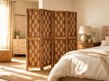 4 Panel Paulownia Wood Folding Room Divider with Wave Cutout Pattern, Double-Side 180&deg Hinges 10815504